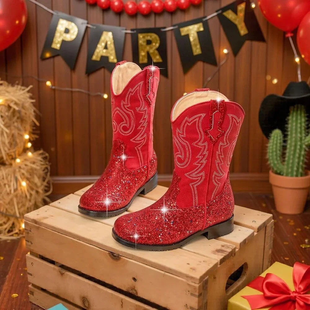 Unisex Child Red Mid Calf Glitter Toddler Cowboy Boot Little Big Kids Western